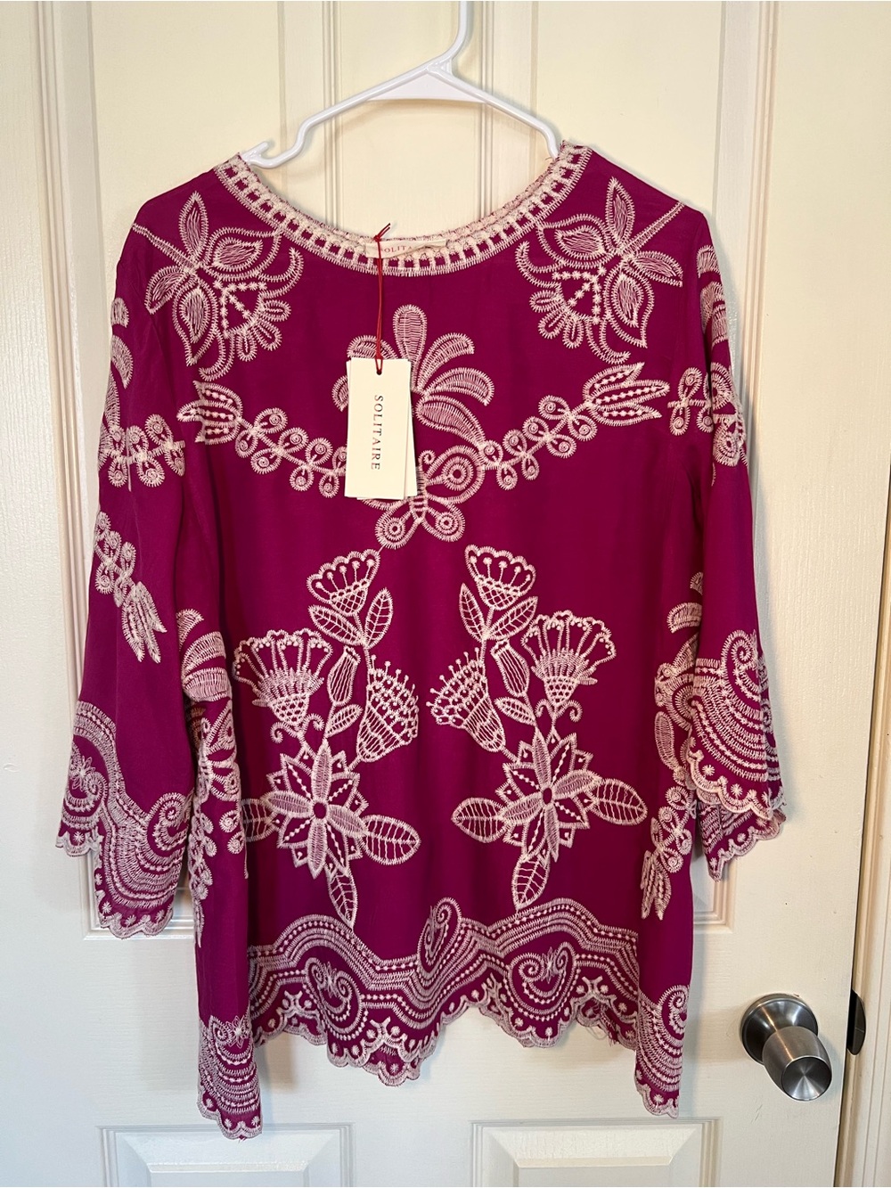 Solitaire Artisan Embroidered Tunic Top Fuchsia Pink Cream Floral Boho